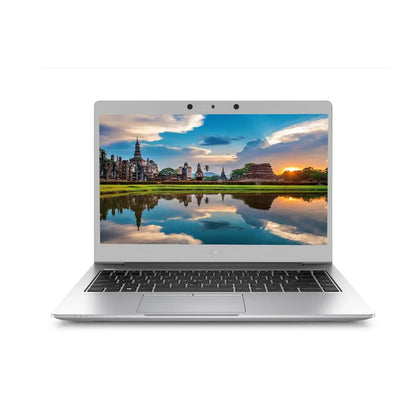 Silver HP EliteBook 745 G6 laptop with 14-inch display showing a cityscape at sunset.