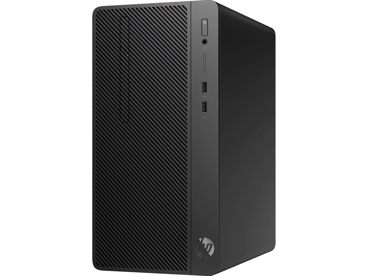 HP 280 G4 Micro Tower desktop with textured front panel, USB ports, headphone jack, and power button on the top right.