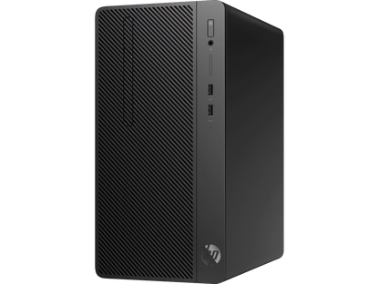 HP 280 G4 Micro Tower desktop with textured front panel, USB ports, headphone jack, and power button on the top right.