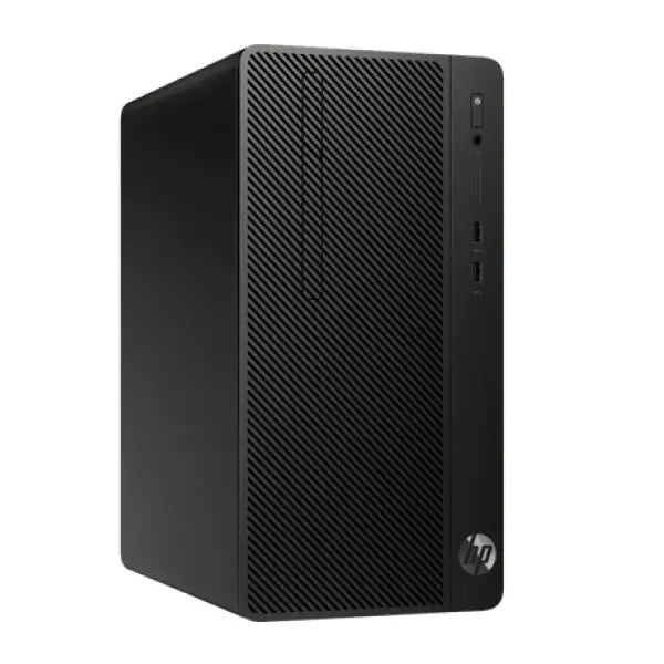 Black HP 280 G4 Micro Tower desktop with textured front panel and silver HP logo at bottom corner.