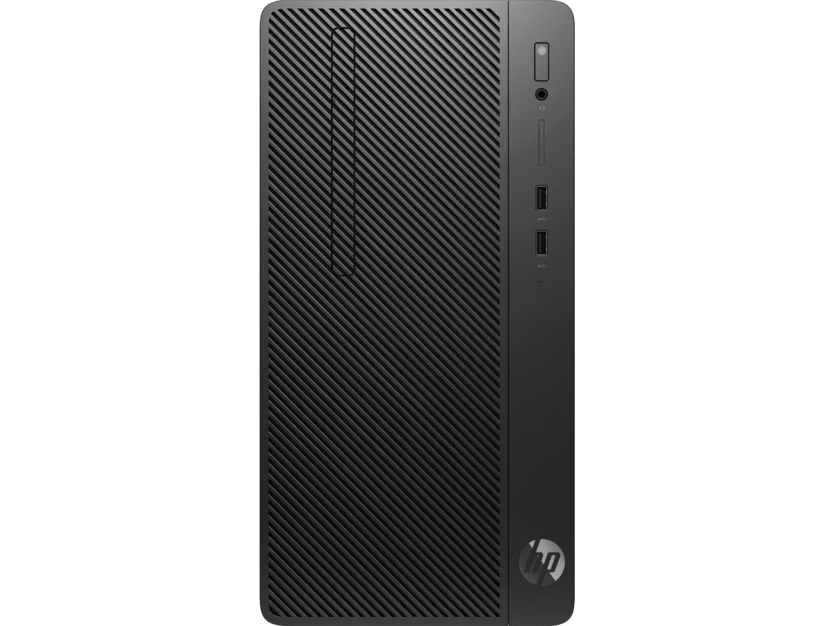 Black HP 280 G4 micro tower desktop with textured front panel and USB ports on front side.