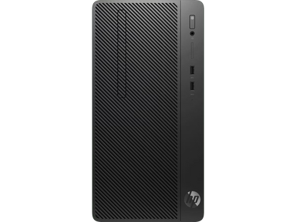 Black HP 280 G4 micro tower desktop with textured front panel and USB ports on front side.