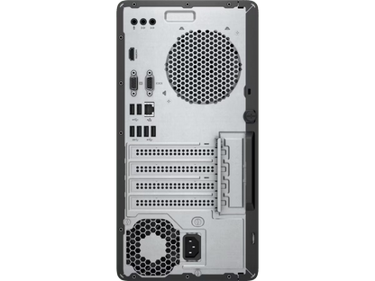 Back panel of HP 280 G4 Micro Tower Desktop showing multiple USB ports, Ethernet port, audio jacks, ventilation grills, and.
