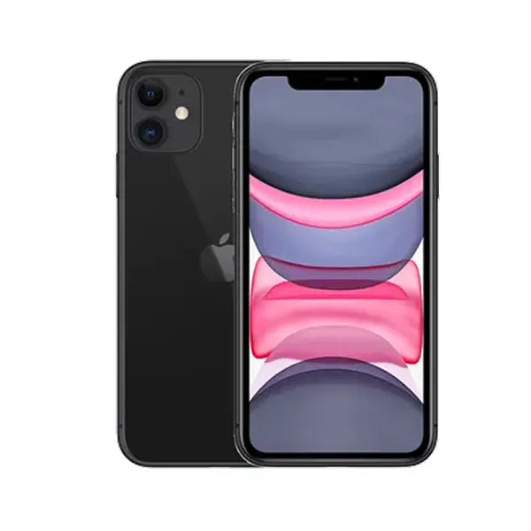 Black Apple iPhone 11 with dual rear cameras and a full-screen display showing abstract pink and gray wallpaper.