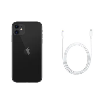 Black Apple iPhone 11 with dual cameras, Apple logo on back, paired with a white charging cable.