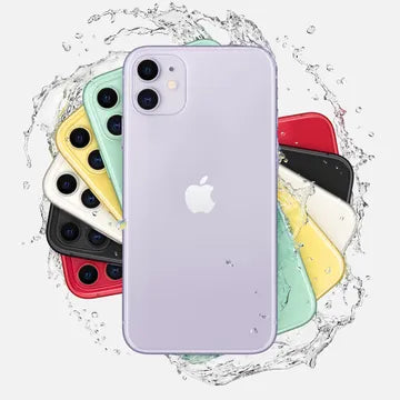 Purple Apple iPhone 11 with dual cameras surrounded by colorful iPhone 11 variants splashing in water.